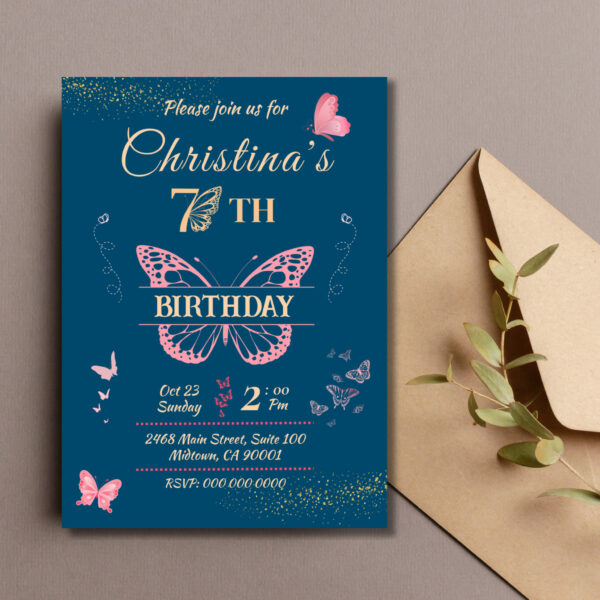 Butterfly wings 7th birthday blue color invitation - Image 2