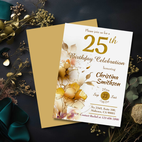 Golden Bloom - floral elegant modern 25th Birthday Invitation