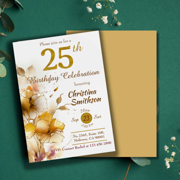 Golden Bloom - floral elegant modern 25th Birthday Invitation - Image 2