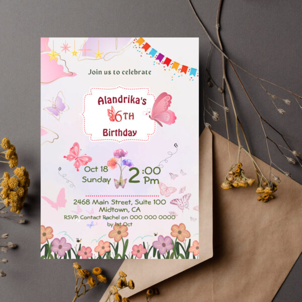 Butterfly floral pink and white cute 6th birthday invitation
