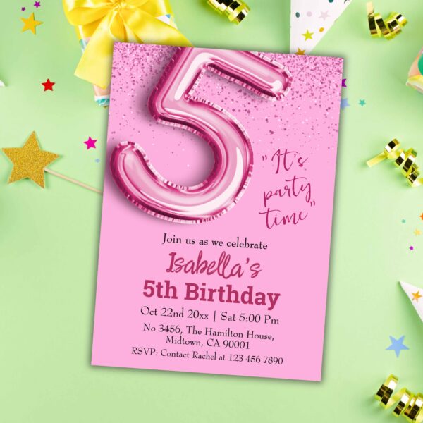 Pink glitter cute balloon no.5 girly 5th birthday invitation - Image 2