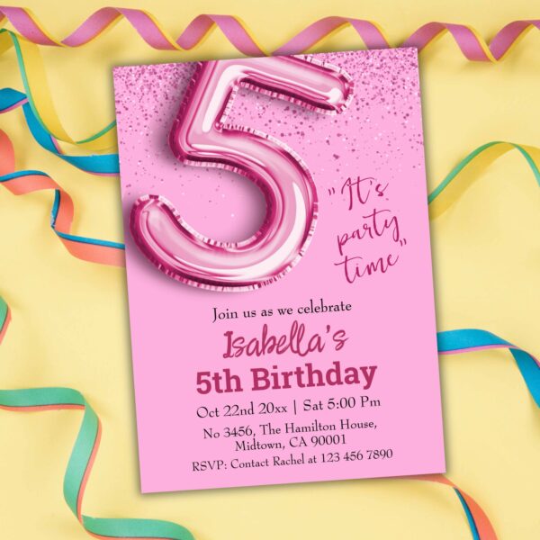 Pink glitter cute balloon no.5 girly 5th birthday invitation