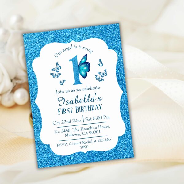 Blue glitter cute vibrant sparkling 1st birthday invitation - Image 2