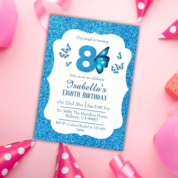 Blue glitter cute vibrant sparkling 8th birthday invitation - Image 2