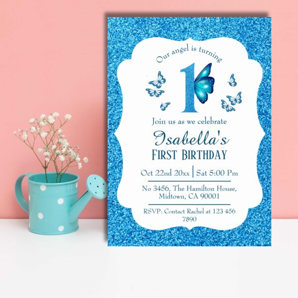 Blue glitter cute vibrant sparkling 1st birthday invitation