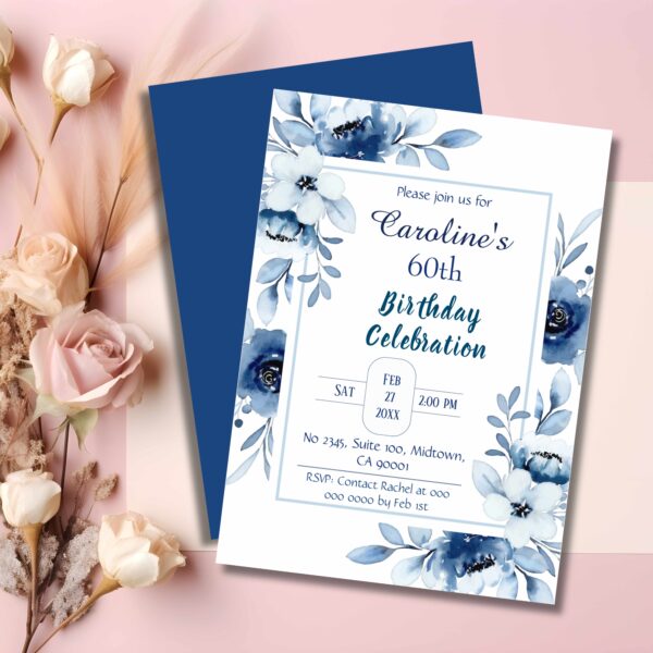 Elegant watercolor floral 60th birthday invitation