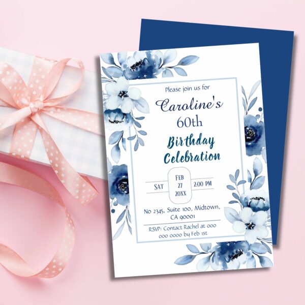 Elegant watercolor floral 60th birthday invitation - Image 2