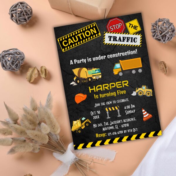 Simple cute construction truck kids 5th birthday invitation - Image 2