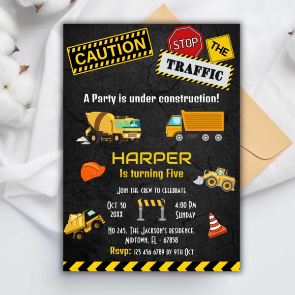 Simple cute construction truck kids 5th birthday invitation