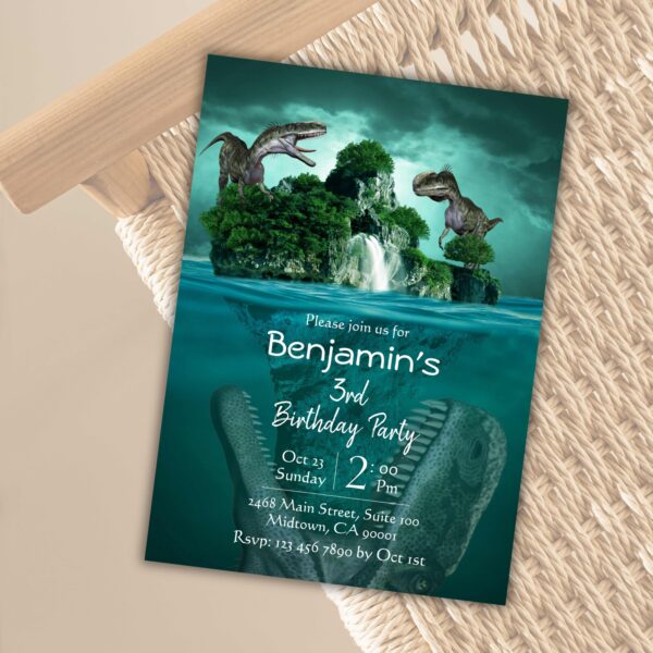 Dinosaur themed modern 3rd birthday invitation - Image 2