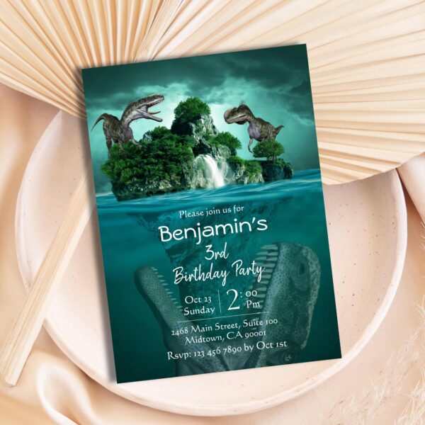 Dinosaur themed modern 3rd birthday invitation