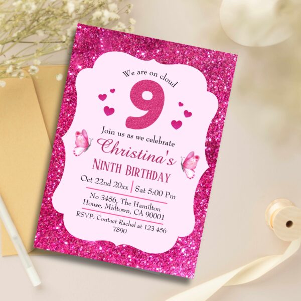 Pink glitter cute vibrant sparkling 9th birthday invitation - Image 2