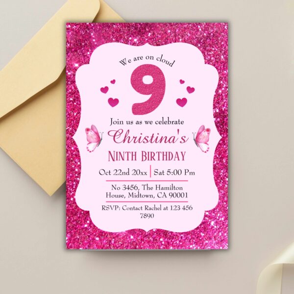 Pink glitter cute vibrant sparkling 9th birthday invitation