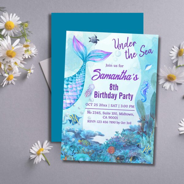Under the sea mermaid blue & purple 8th birthday invitation - Image 2