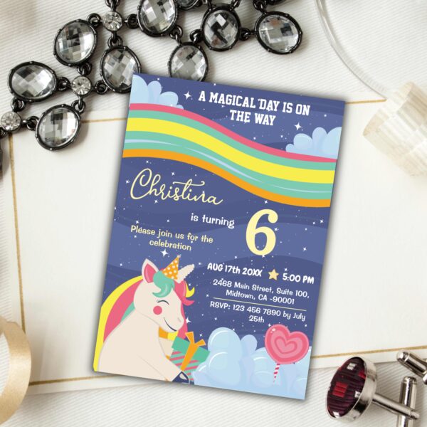 Magical modern unicorn rainbow stars 6th birthday invitation - Image 2