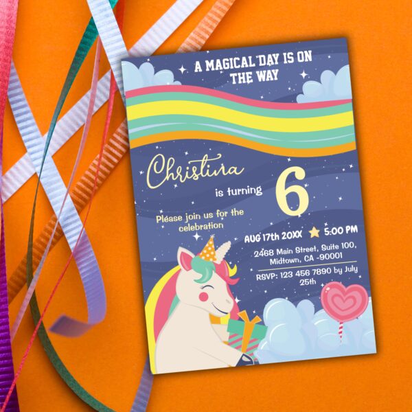 Magical modern unicorn rainbow stars 6th birthday invitation