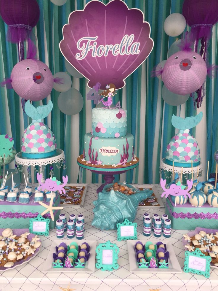 dessert table with mermaid-themed decor. The centerpiece is a tiered cake with mermaid-scale icing, surrounded by seashells and aquatic-themed treats.