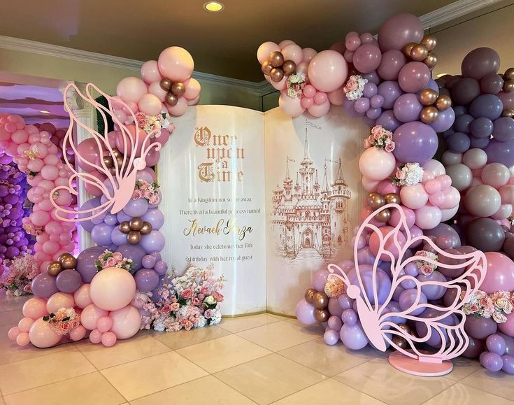 A dreamy pink and purple party backdrop with a fairy-tale theme featuring a castle illustration, "Once Upon a Time" text, large butterfly decor, and balloon garlands in pastel shades of pink, purple, and gold.