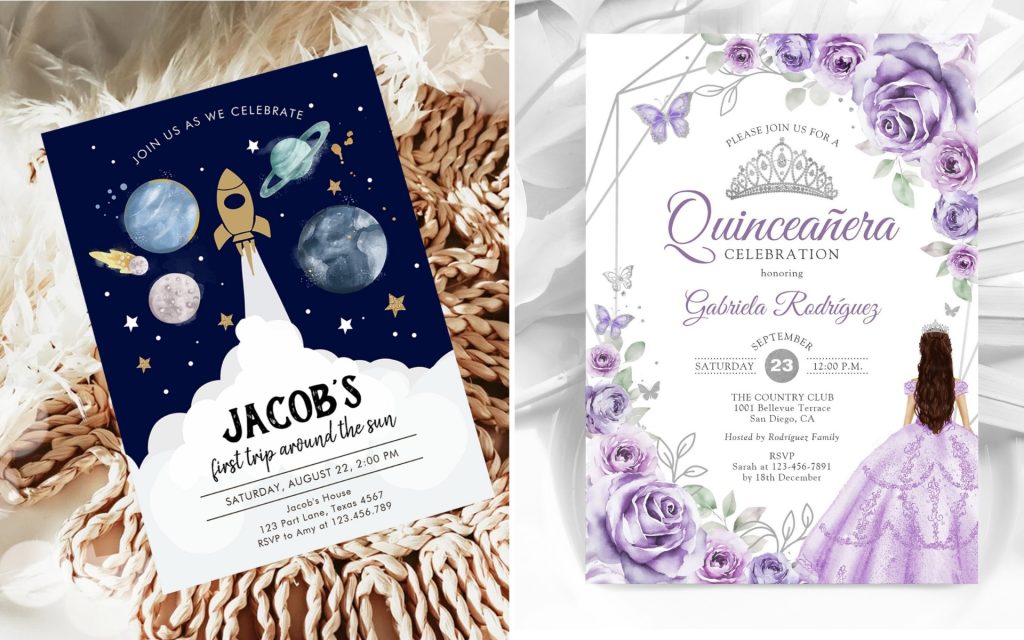 Two beautifully designed invitation cards for special events. One features a space-themed birthday invitation with a rocket and planets, while the other showcases a floral and elegant Quinceañera celebration invite in lavender tones.