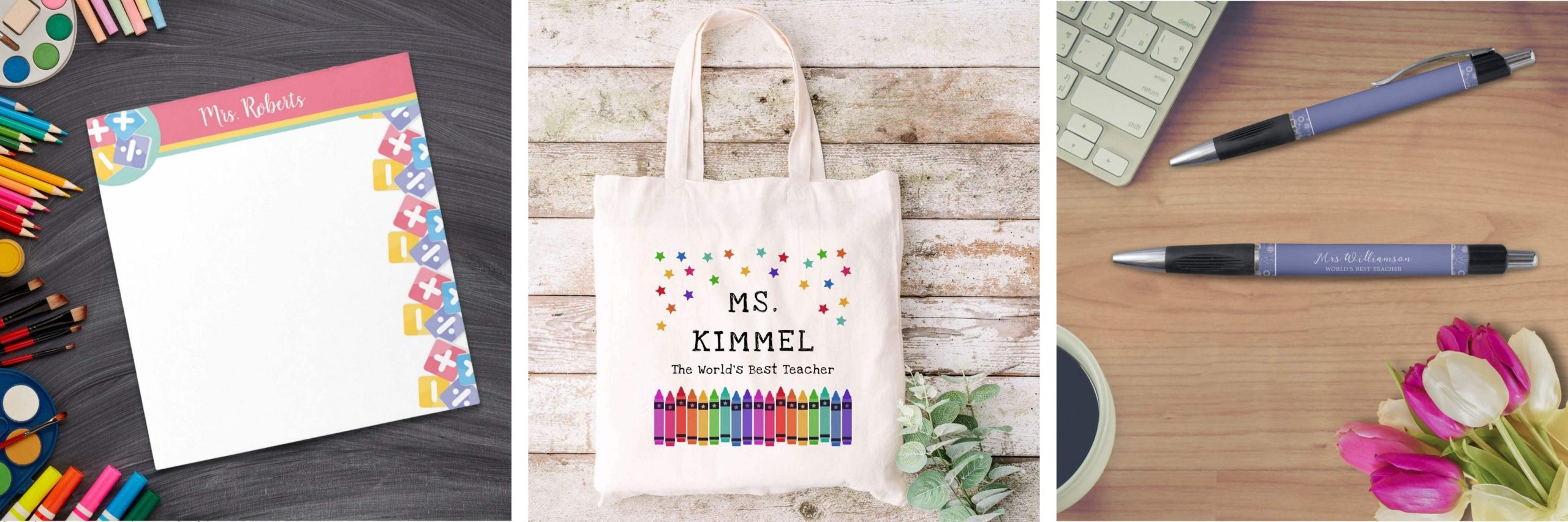 A collection of personalized teacher gifts including a colorful custom notepad with math-themed illustrations, a tote bag with rainbow crayons and stars displaying "Ms. Kimmel, The World's Best Teacher," and a sleek lavender pen set with "Mrs. Williamson, World's Best Teacher" engraved, placed on a wooden surface with flowers and a keyboard.